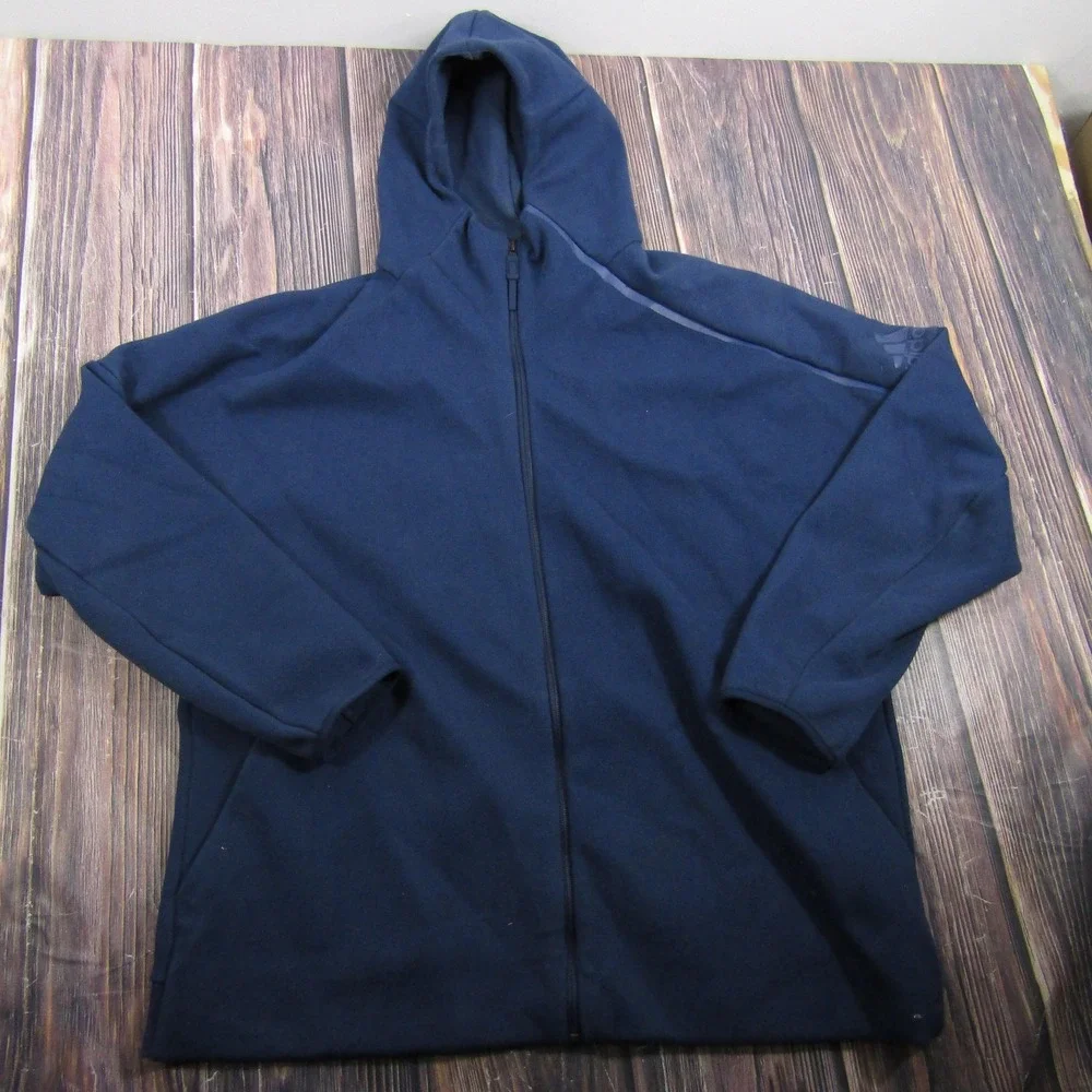 Adidas Jacket Mens 2XL Blue Hooded Full Zip Cotton Blend Knit Athletic Training